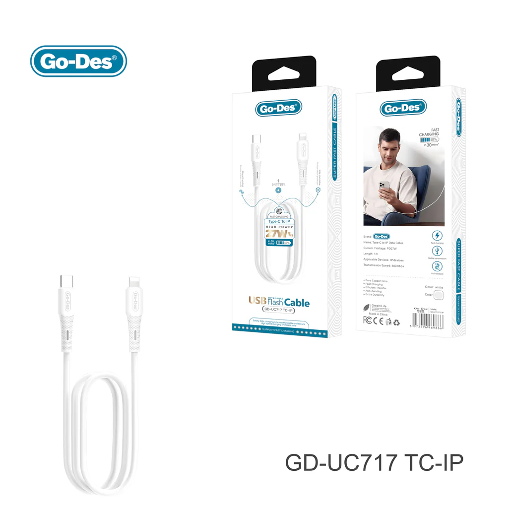 کابل شارژ سریع Type-C به Lightning Go-Des GD-UC717 TC-IP | کابل PD 27W انتقال داده و شارژ آیفون — تصویر ۳
