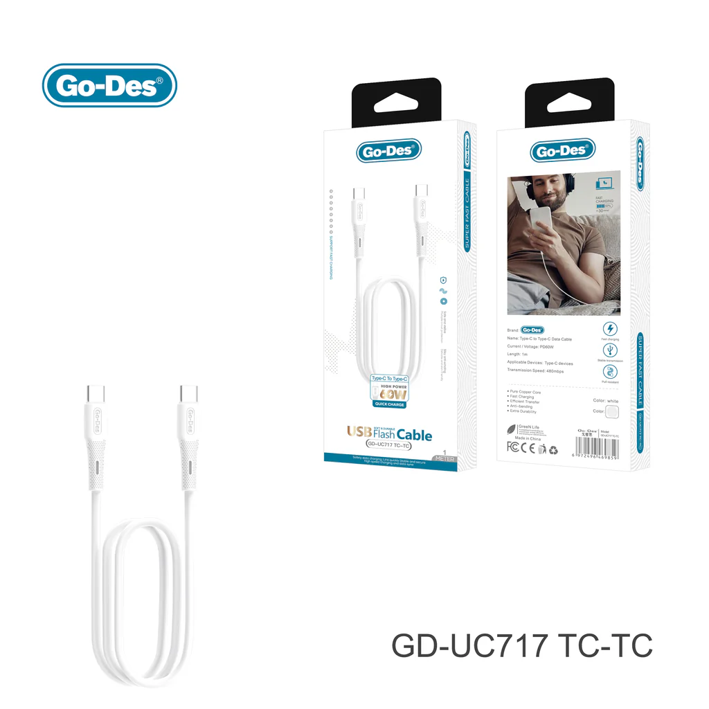 کابل شارژ سریع Type-C به Type-C Go-Des GD-UC717 | کابل PD 60W انتقال داده و شارژ سریع — تصویر ۳