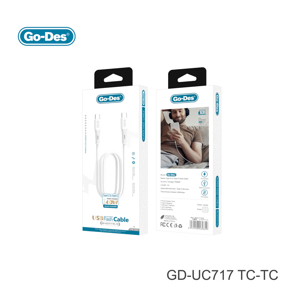 کابل شارژ سریع Type-C به Type-C Go-Des GD-UC717 | کابل PD 60W انتقال داده و شارژ سریع — تصویر ۴