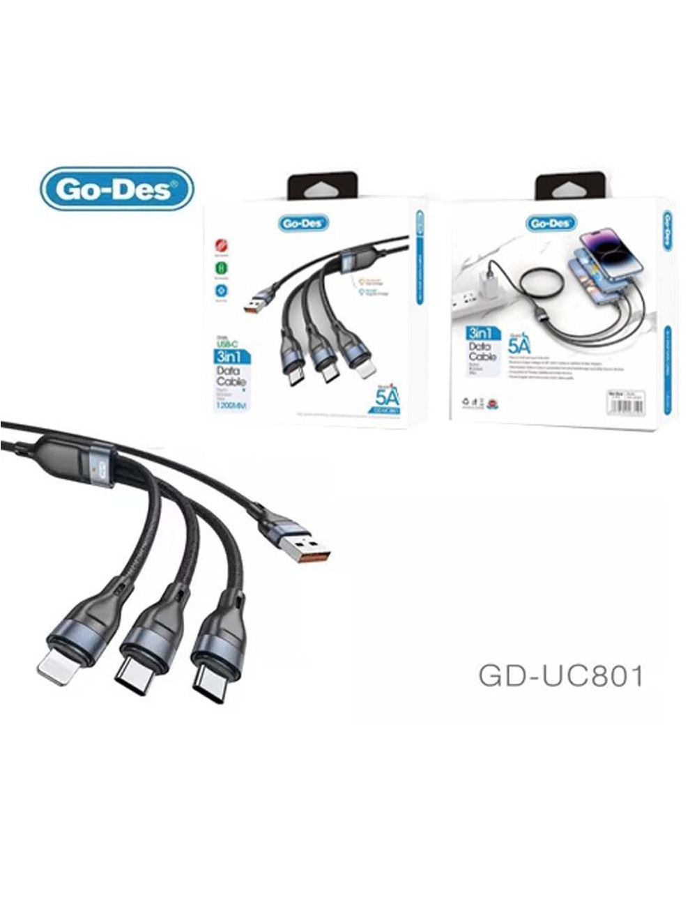 کابل شارژ 3 در 1 Go-Des GD-UC801 | کابل چندمنظوره Type-C با شارژ سریع و انتقال داده — تصویر ۳