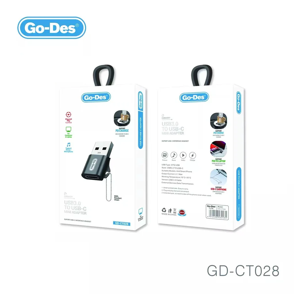 مبدل USB به Type-C گو-دس مدل Go-Des GD-CT028 | تبدیل USB-A نری به USB-C مادگی برای شارژ و انتقال داده — تصویر ۳