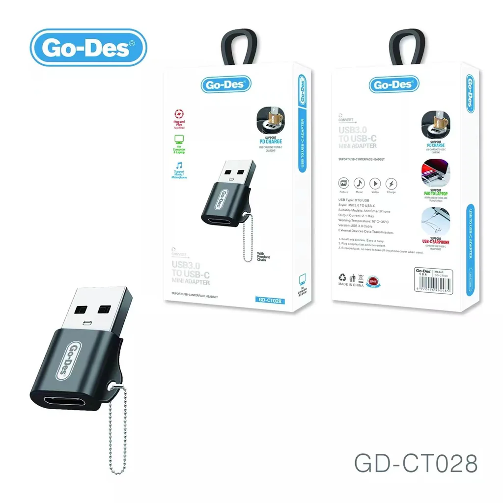 مبدل USB به Type-C گو-دس مدل Go-Des GD-CT028 | تبدیل USB-A نری به USB-C مادگی برای شارژ و انتقال داده — تصویر ۵