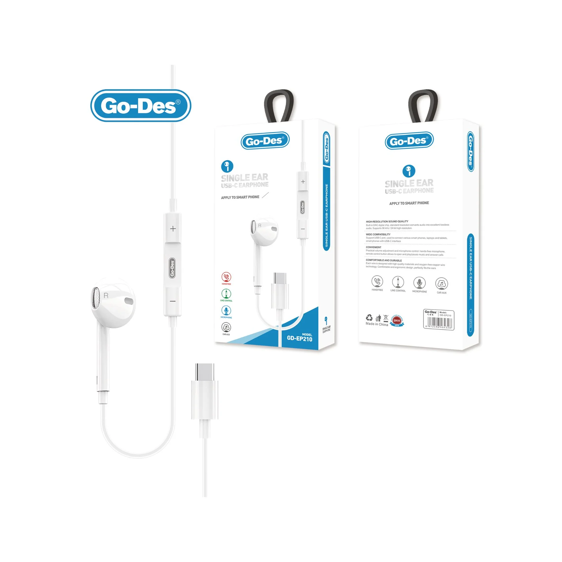 هندزفری تک گوش Type-C گو-دس مدل Go Des GD-EP210 با میکروفون و کنترل سیمی — تصویر ۳