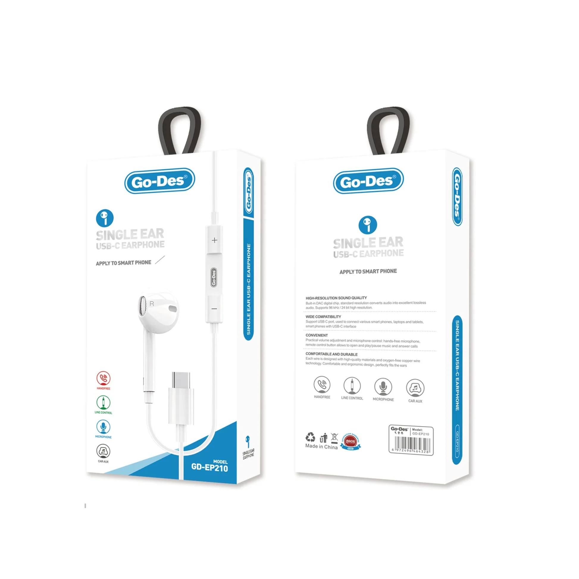 هندزفری تک گوش Type-C گو-دس مدل Go Des GD-EP210 با میکروفون و کنترل سیمی — تصویر ۴