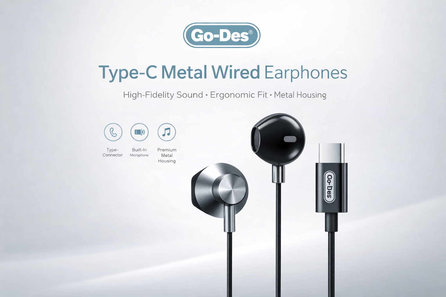 هدفون سیمی فلزی Type-C گو-دس مدل Go-Des GD-EP203 با میکروفون داخلی — تصویر ۳