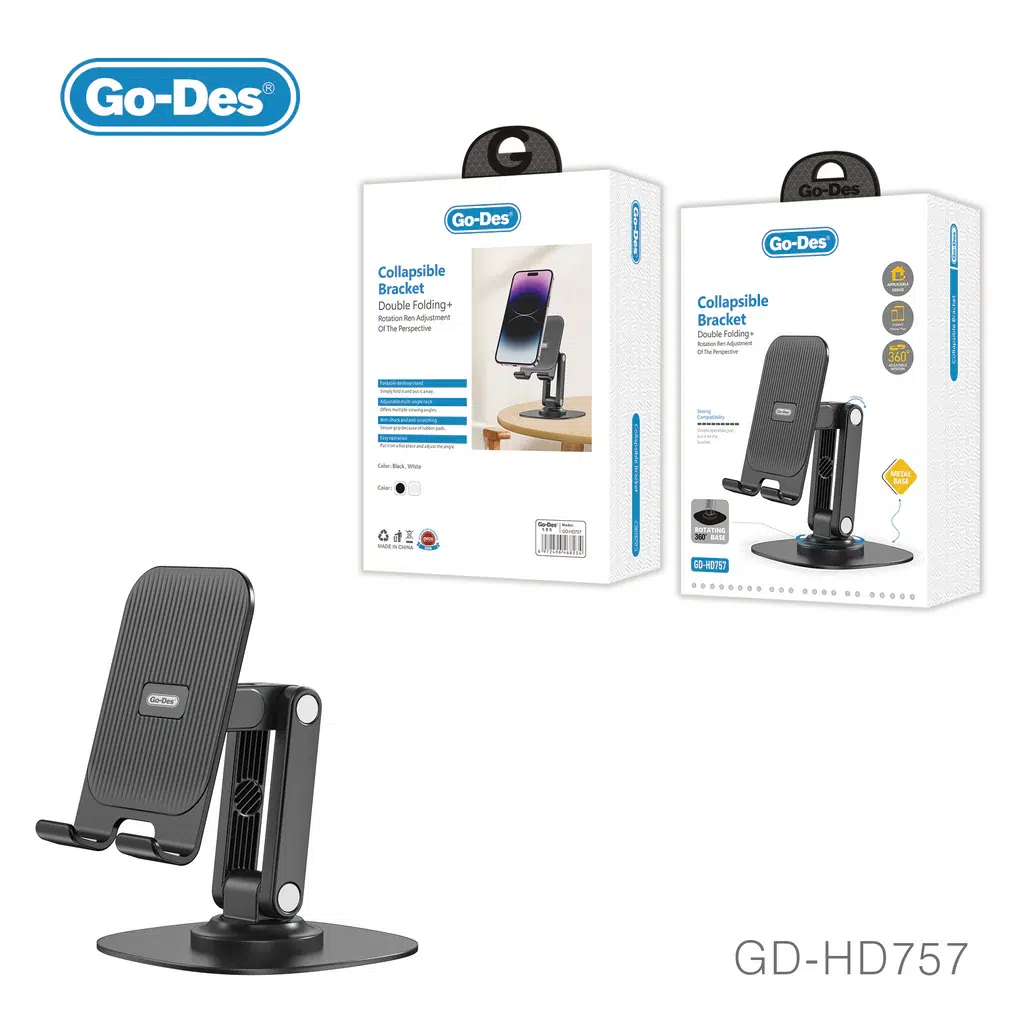 پایه نگهدارنده گوشی Go-Des مدل GD-HD757 | هولدر تاشو با چرخش 360 درجه و قابلیت تنظیم زاویه — تصویر ۳