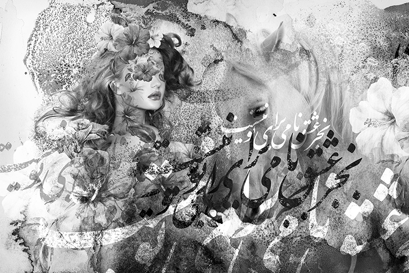 پوستر دیواری چهره زن و اسب با خوشنویسی فارسی | طرح هنری سیاه‌وسفید