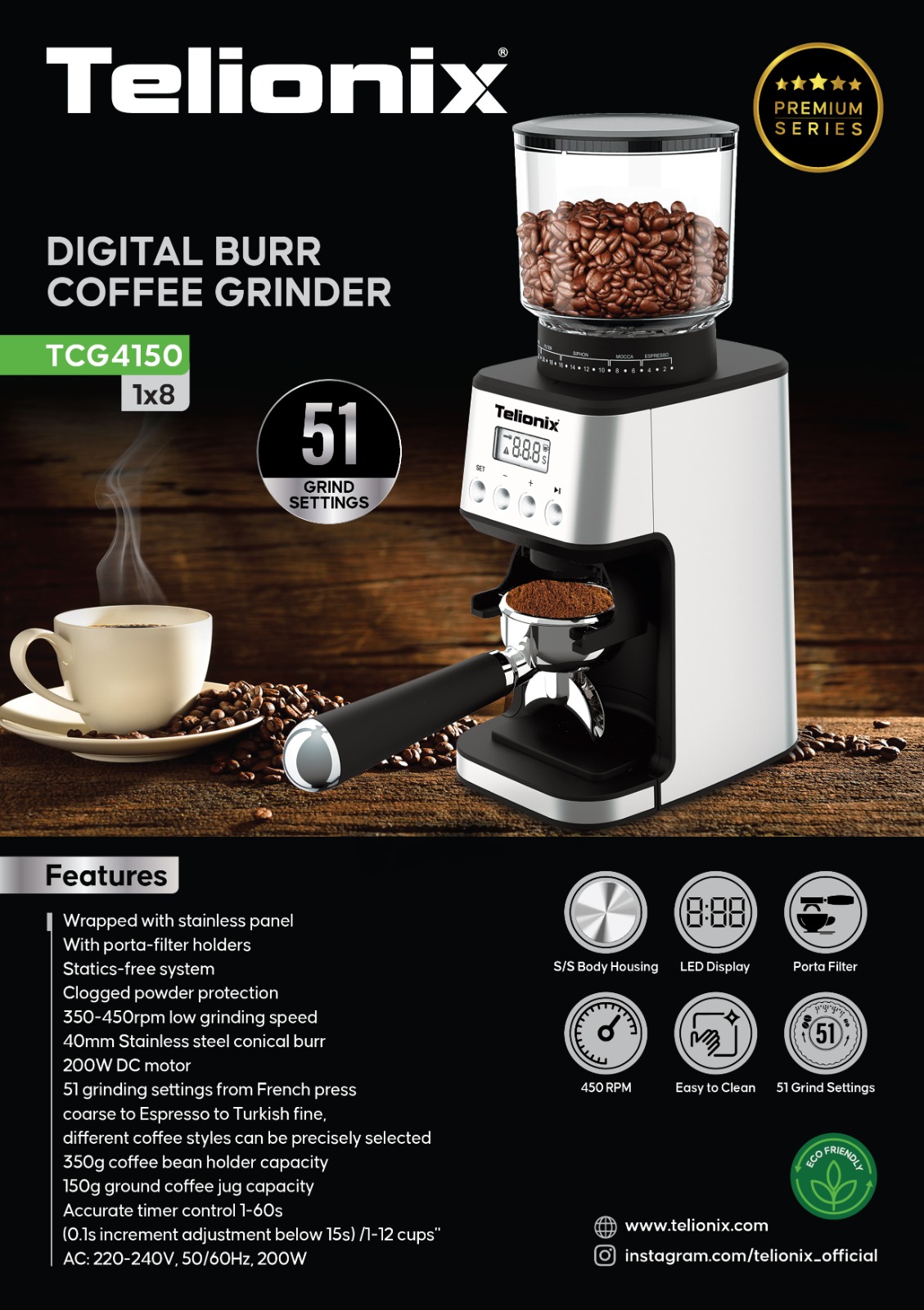 آسیاب قهوه تلیونیکس مدل TCG4150 توان 200 وات پر قدرت و اصل — تصویر ۳