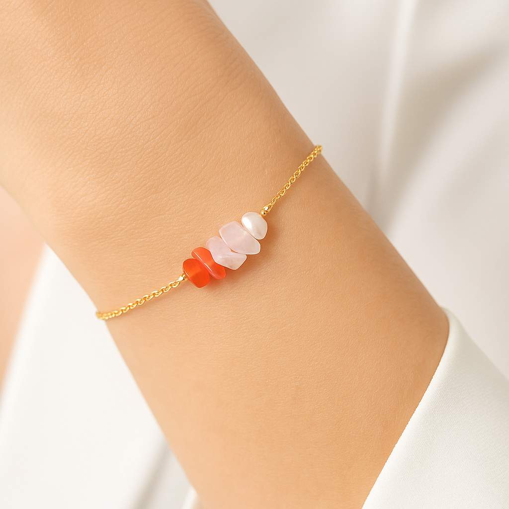 ست گردنبند و دستبند مروارید طبیعی، رزکوارتز و کارنلین — تصویر ۵
