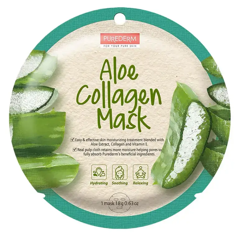ماسک ورقه‌ای آلوئه‌ورا و کلاژن پیوردرم برای پوست‌های ملتهب و حساس 18 گرم PUREDERM Aloe Collagen Mask