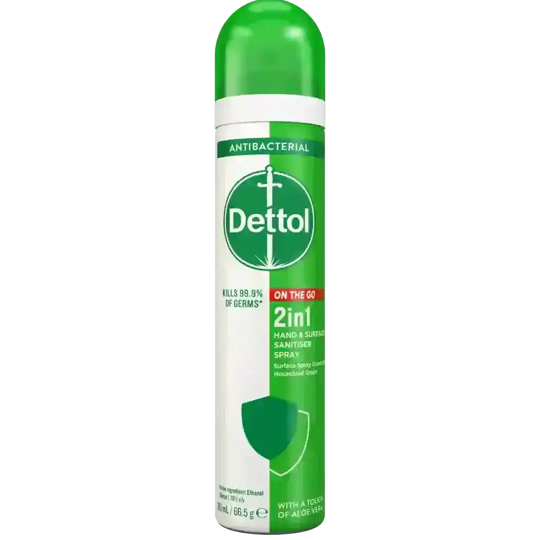 اسپری ضدعفونی کننده دست و سطوح دوکاره نابودکننده میکروب بدون خشکی پوست دتول 90 میل Dettol 2in1 Hand and Surface Sanitiser Spray — تصویر ۲