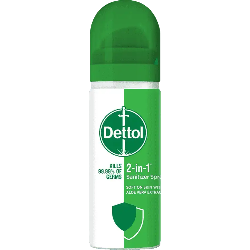 اسپری ضدعفونی کننده دست و سطوح دوکاره نابودکننده میکروب بدون خشکی پوست دتول 90 میل Dettol 2in1 Hand and Surface Sanitiser Spray — تصویر ۳
