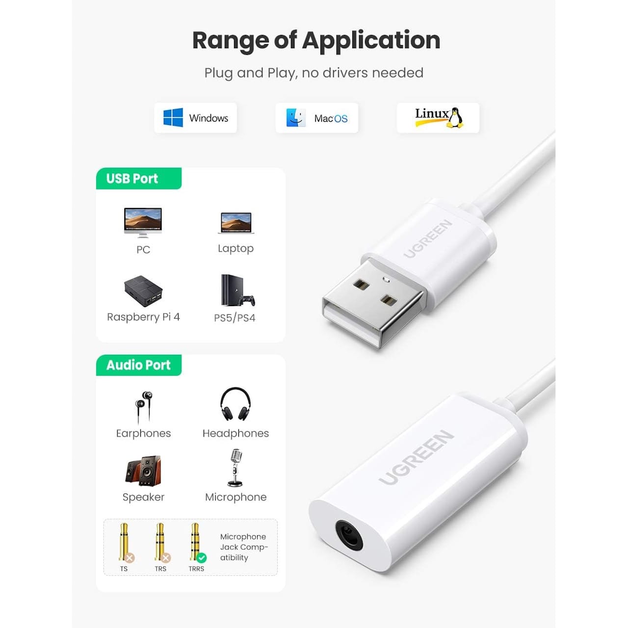 تبدیل USB-A به 3.5mm jack AUX یوگرین مدل US206-30712 — تصویر ۶