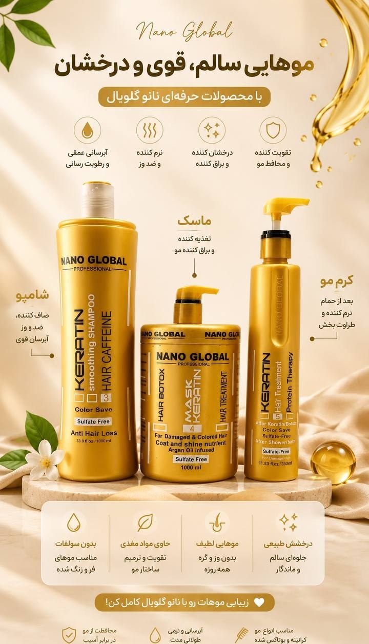 شامپو ضد ریزش فاقد سولفات حاوی روغن آرگان نانو گلوبال طلایی Nano Global حجم 1000 میل — تصویر ۴