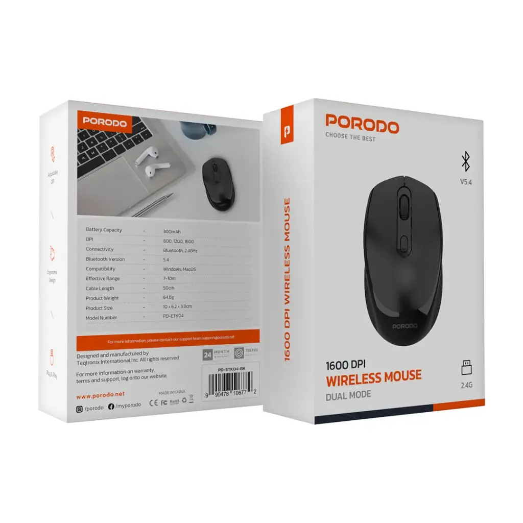 موس بی سیم دو حالته شارژی پرودو Porodo PD-ETK04 Wireless Mouse Dual Mode — تصویر ۵