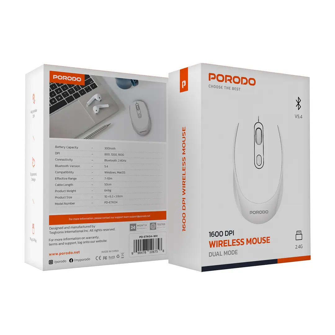 موس بی سیم دو حالته شارژی پرودو Porodo PD-ETK04 Wireless Mouse Dual Mode — تصویر ۸