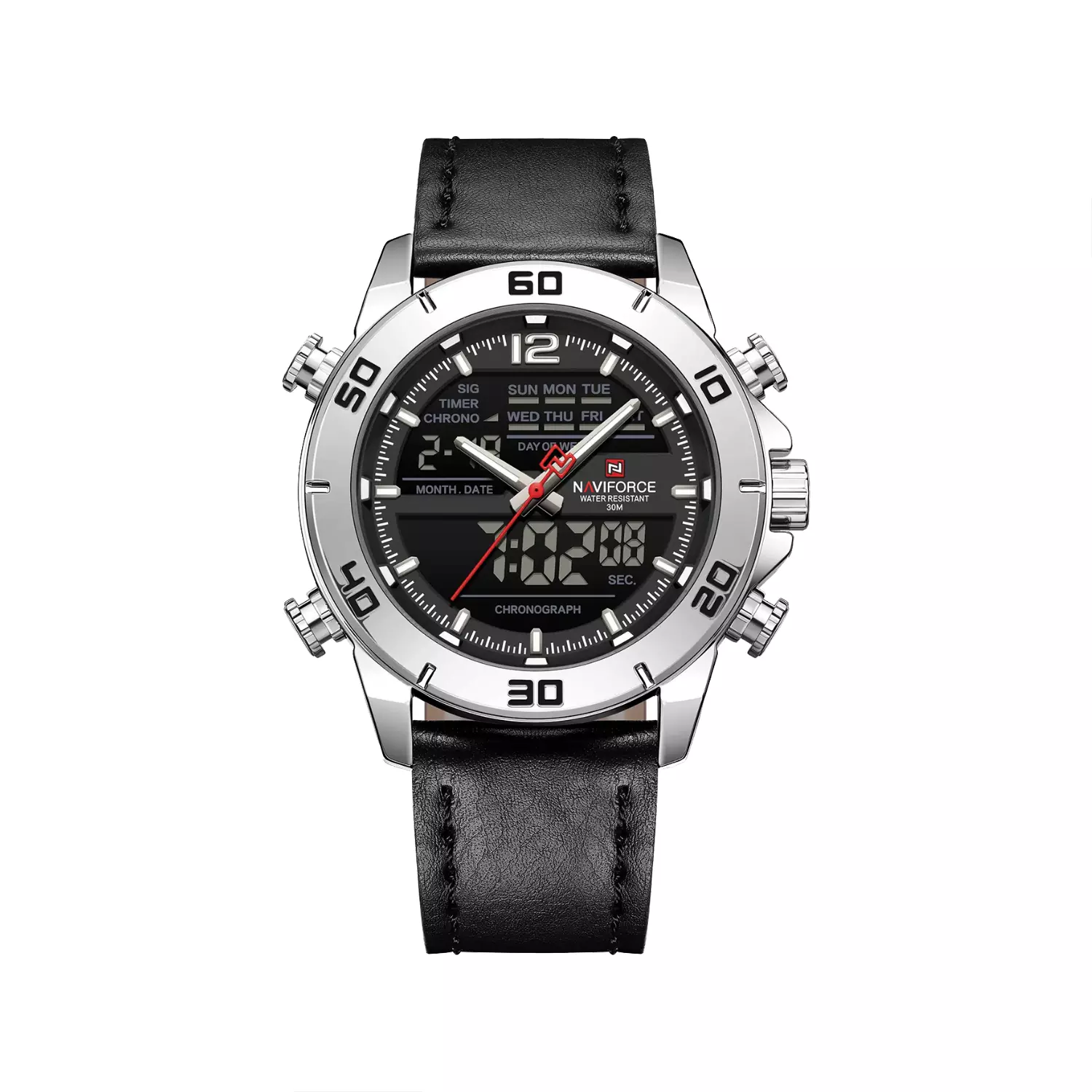 ساعت مچی نیوی فورس مردانه بند چرم مشکی دو زمانه 9253/1