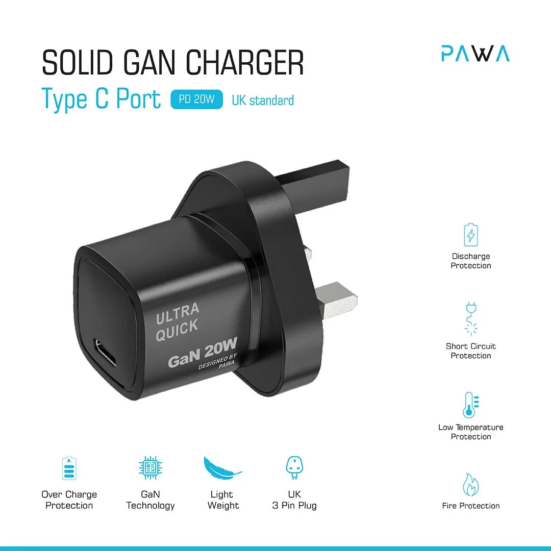 شارژر دیواری 20 وات پاوا مدل PW-GN20UK-BK — تصویر ۳