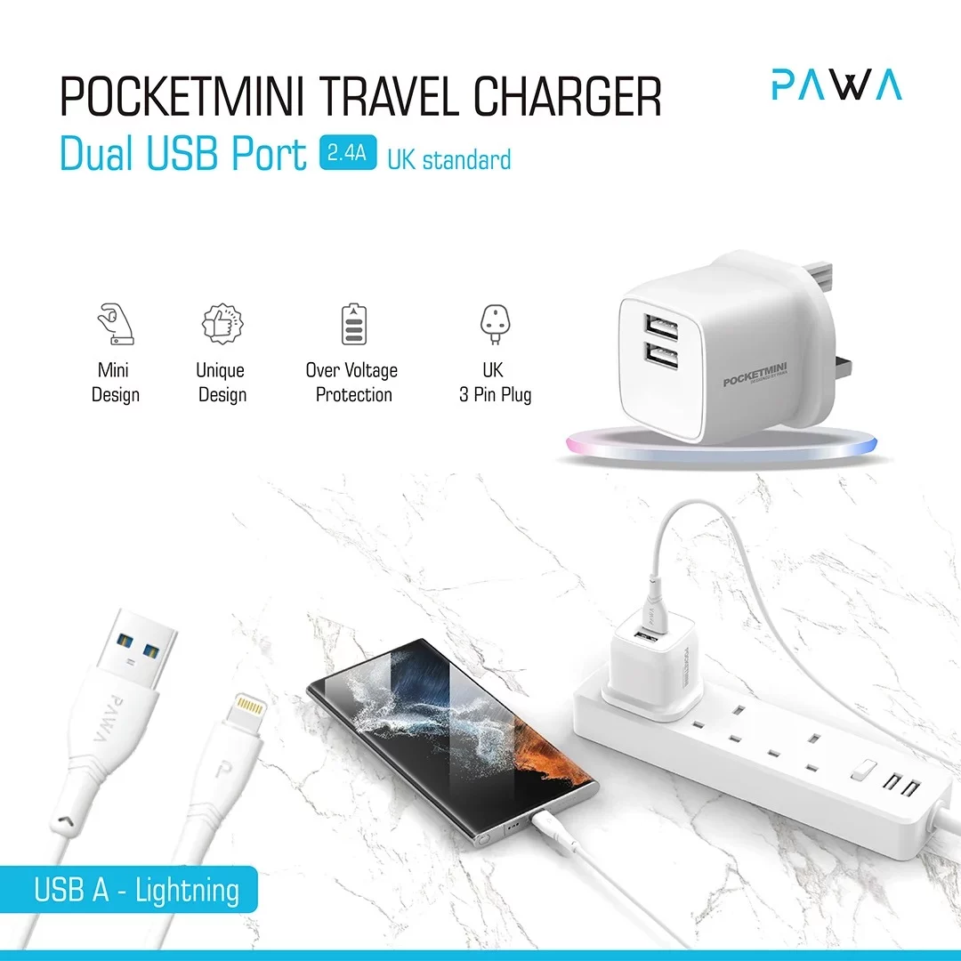 شارژر دیواری 12 وات پاوا مدل Pocket Mini Travel Charger به همراه کابل USB به لایتنینگ — تصویر ۳