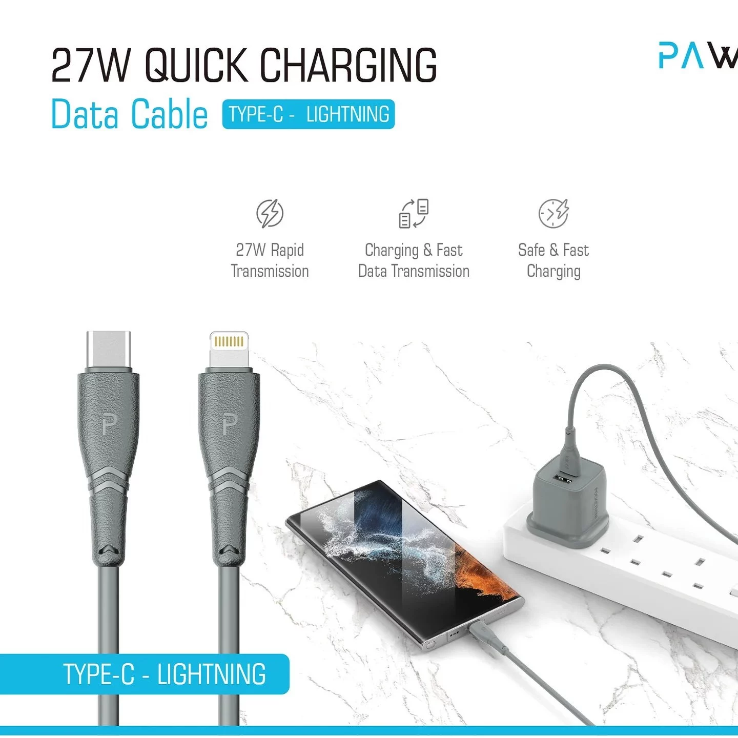 کابل USB-C به لایتنینگ پاوا مدل Quick Charging PW-12PVC27CL طول 1.2 متر — تصویر ۴