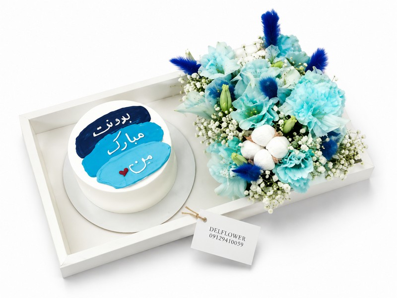 باکس گل و کیک تبریک دستاورد مهم با ارسال فوری