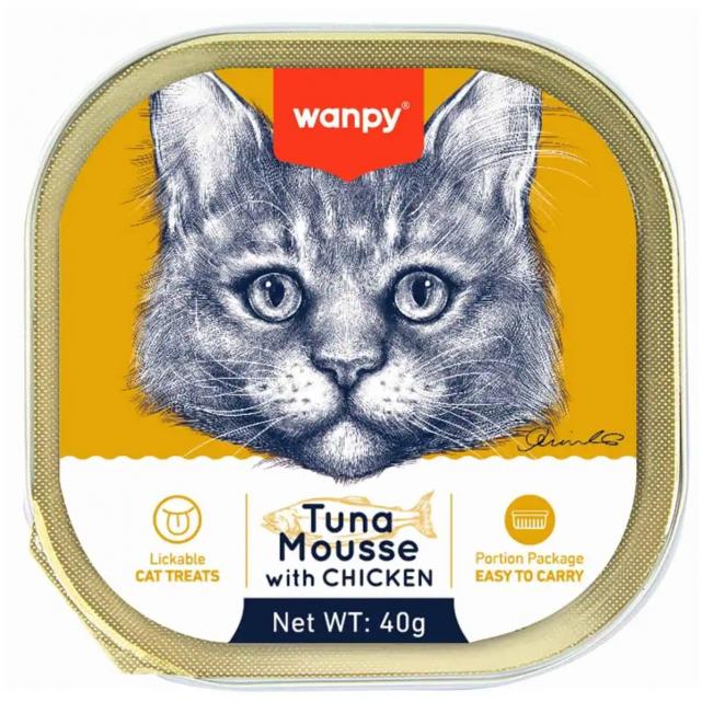 ووم گربه ونپی انگلیسی نویس با طعم ماهی تن و مرغ Wanpy Tuna Mousse With Chicken وزن 40 گرم