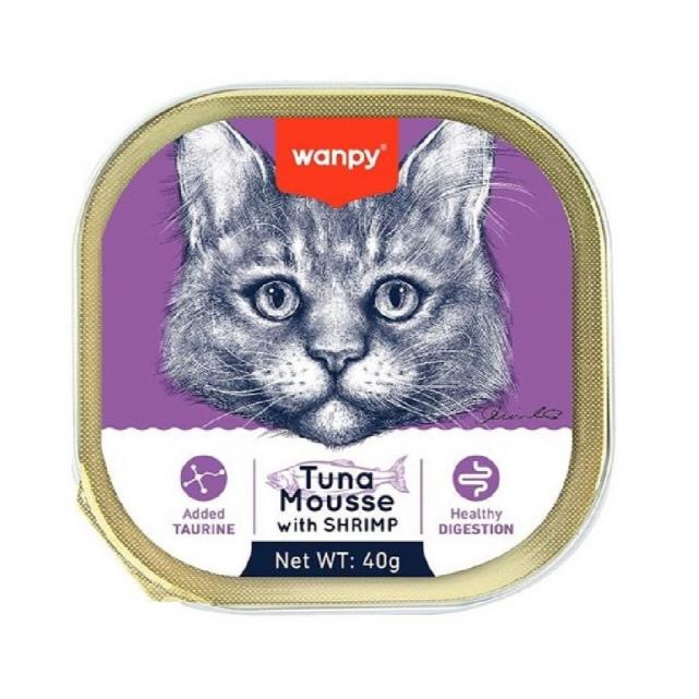 ووم گربه ونپی انگلیسی نویس با طعم ماهی تن و میگو Wanpy Tuna Mousse With Shrimp وزن 40 گرم