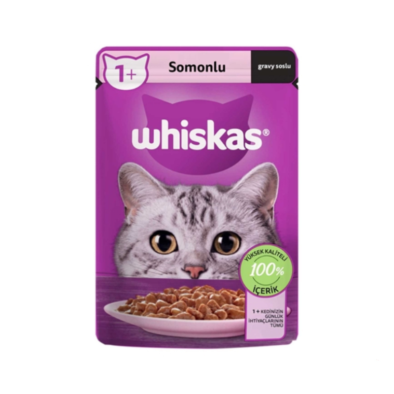 پوچ گربه ویسکاس Whiskas با طعم ماهی سالمون در سس وزن 85 گرم