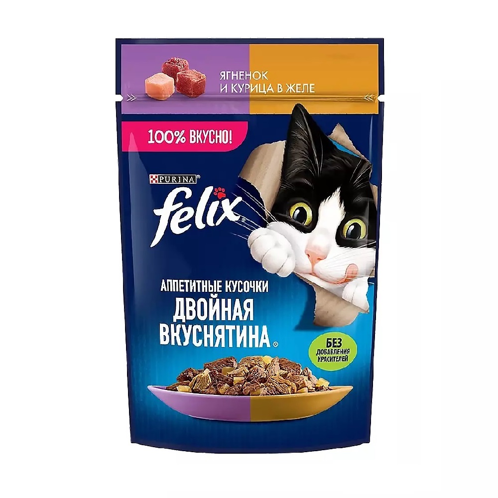 پوچ گربه فلیکس روسی میکس طعم مرغ و بره در سس وزن ۸۵ گرم