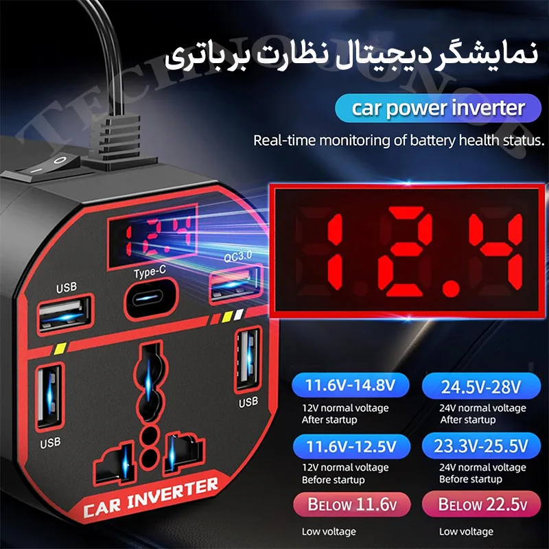 اینورتر ۲۰۰ وات فندکی ماشین ۱۲V و ۲۴V به ۲۲۰V شهری هوشمند مدل WS-A1 — تصویر ۳