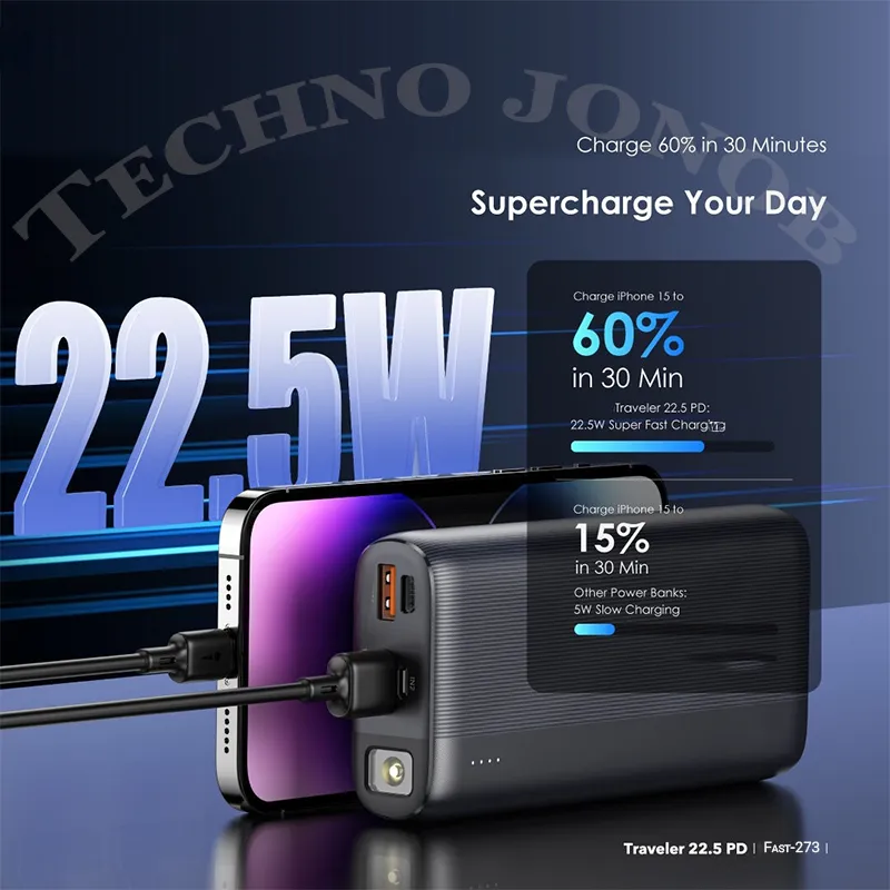 پاوربانک کالوس مدل Fast 273 ظرفیت 20000 میلیآمپر | فست شارژ 22.5 وات با چراغ قوه و PD — تصویر ۷