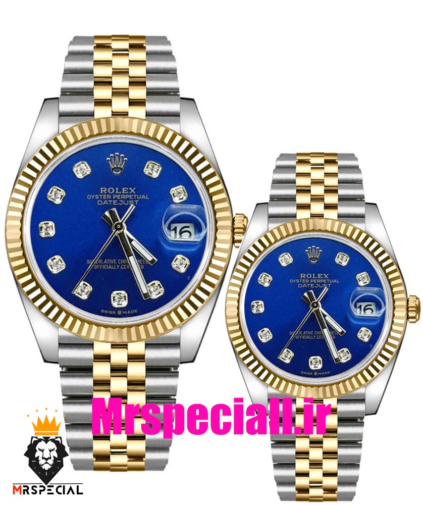 ساعت ست رولکس مردانه و زنانه دیت جاست باتری دورنگ طلایی صفحه ابی 0921 ROLEX DATEJUST — تصویر ۲