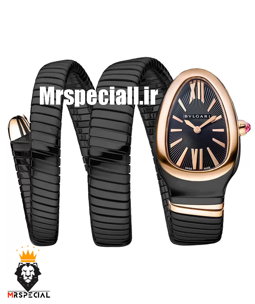 ساعت زنانه بولگاری ماری دستبندی مشکی قاب رزگلد BVLGARI SERPENTI TUBOGAS 2343