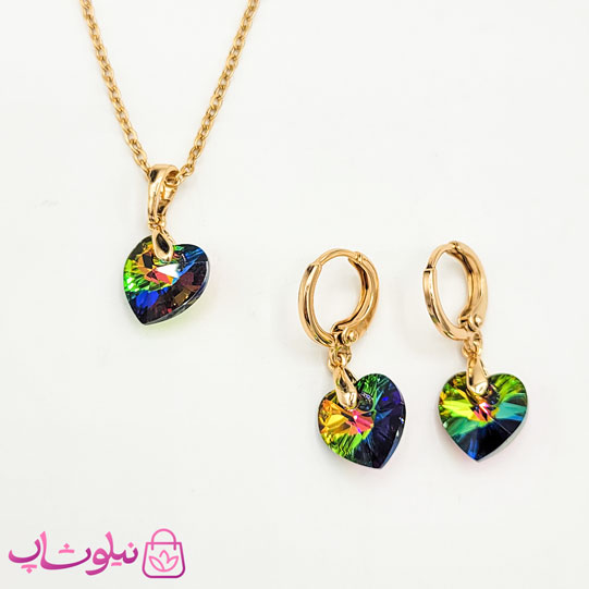 ست گوشواره و گردنبند سواروسکی ژوپینگ قلب هفت رنگ کد 3891 — تصویر ۲
