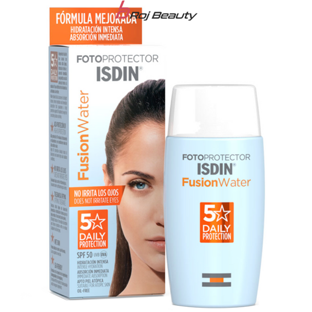 کرم ضد آفتاب ایزدین izdin فیوژن واتر بی رنگ spf 50 مدل intense hydrating حجم 50 میل fusion water isdin 50ml daily 5 star — تصویر ۲