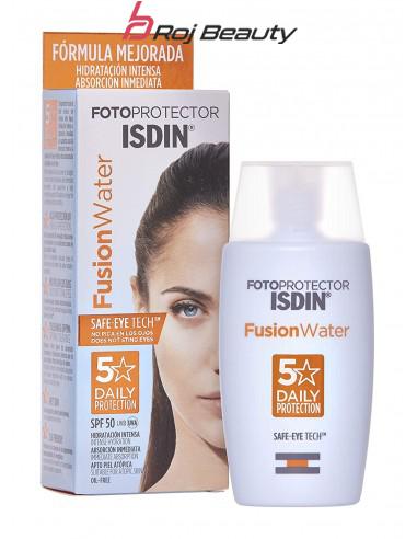 کرم ضد آفتاب ایزدین izdin فیوژن واتر بی رنگ spf 50 مدل intense hydrating حجم 50 میل fusion water isdin 50ml daily 5 star — تصویر ۳