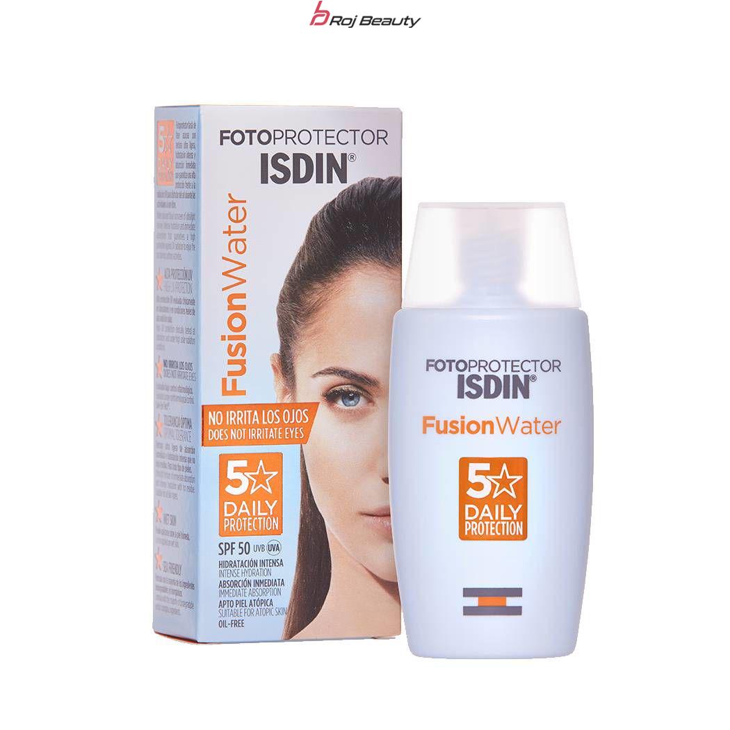 کرم ضد آفتاب ایزدین izdin فیوژن واتر بی رنگ spf 50 مدل intense hydrating حجم 50 میل fusion water isdin 50ml daily 5 star — تصویر ۴
