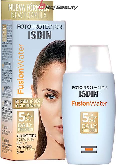 کرم ضد آفتاب ایزدین izdin فیوژن واتر بی رنگ spf 50 مدل intense hydrating حجم 50 میل fusion water isdin 50ml daily 5 star — تصویر ۶