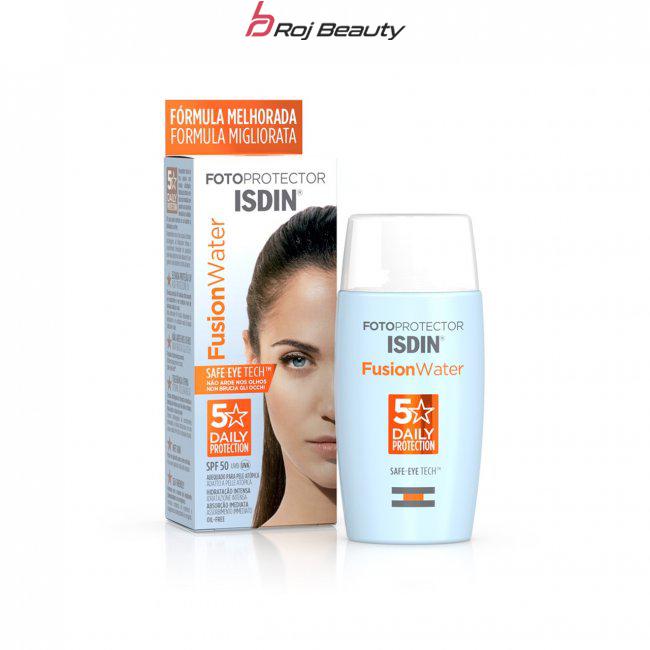 کرم ضد آفتاب ایزدین izdin فیوژن واتر بی رنگ spf 50 مدل intense hydrating حجم 50 میل fusion water isdin 50ml daily 5 star — تصویر ۸