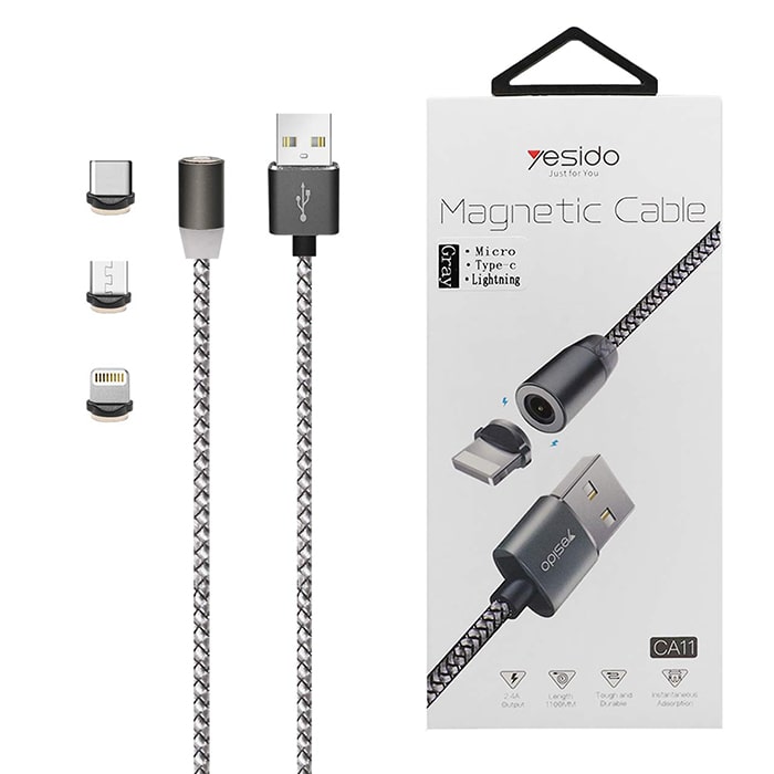 کابل ۳کاره مگنتی لایتنینگ و میکرو و تایپسی یسیدو YESIDO CA11 طول 1متر