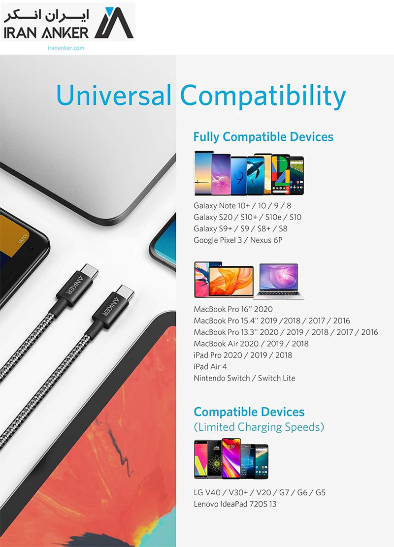 کابل تایپ-سی به تایپ-سی انکر Anker USB-C to USB-C Cable 10Ft 300CM مدل A8758 — تصویر ۸