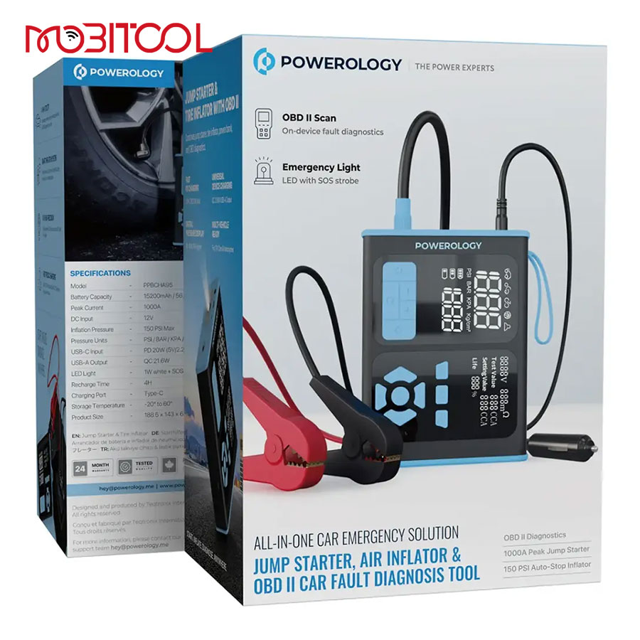 جامپ استارتر،پمپ باد و دیاگ عیب یاب خودرو پاورولوژی Powerology Jump Starter, Air Inflator & OBD II Car Fault Diagnosis Tool — تصویر ۸