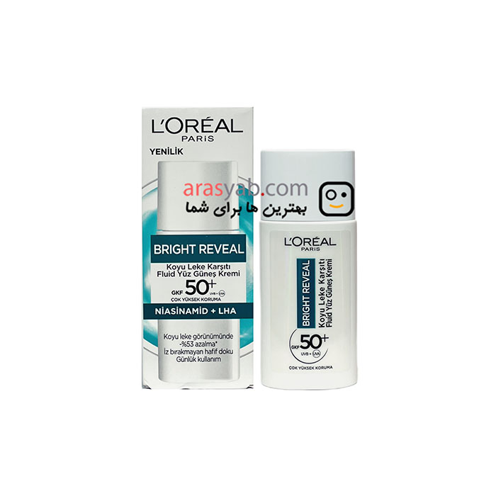 کرم ضدآفتاب فلوئیدی لورال مدل Bright reveal با خاصیت ضد لک و spf 50 حجم 50 میل