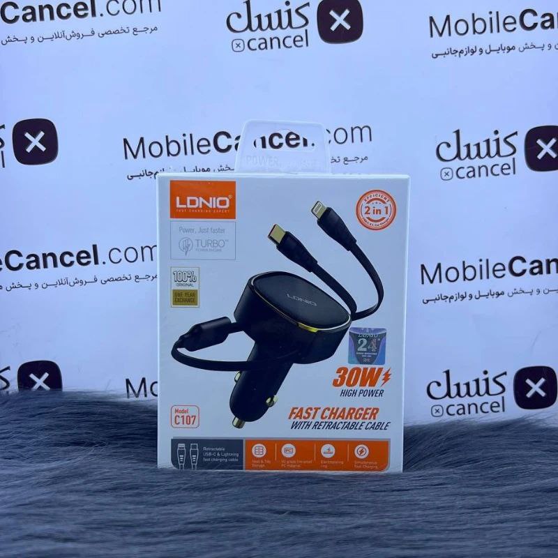 شارژر فندکی الدینیو مدل C107 همراه با کابل لایتنینگ و تایپ سی — تصویر ۳