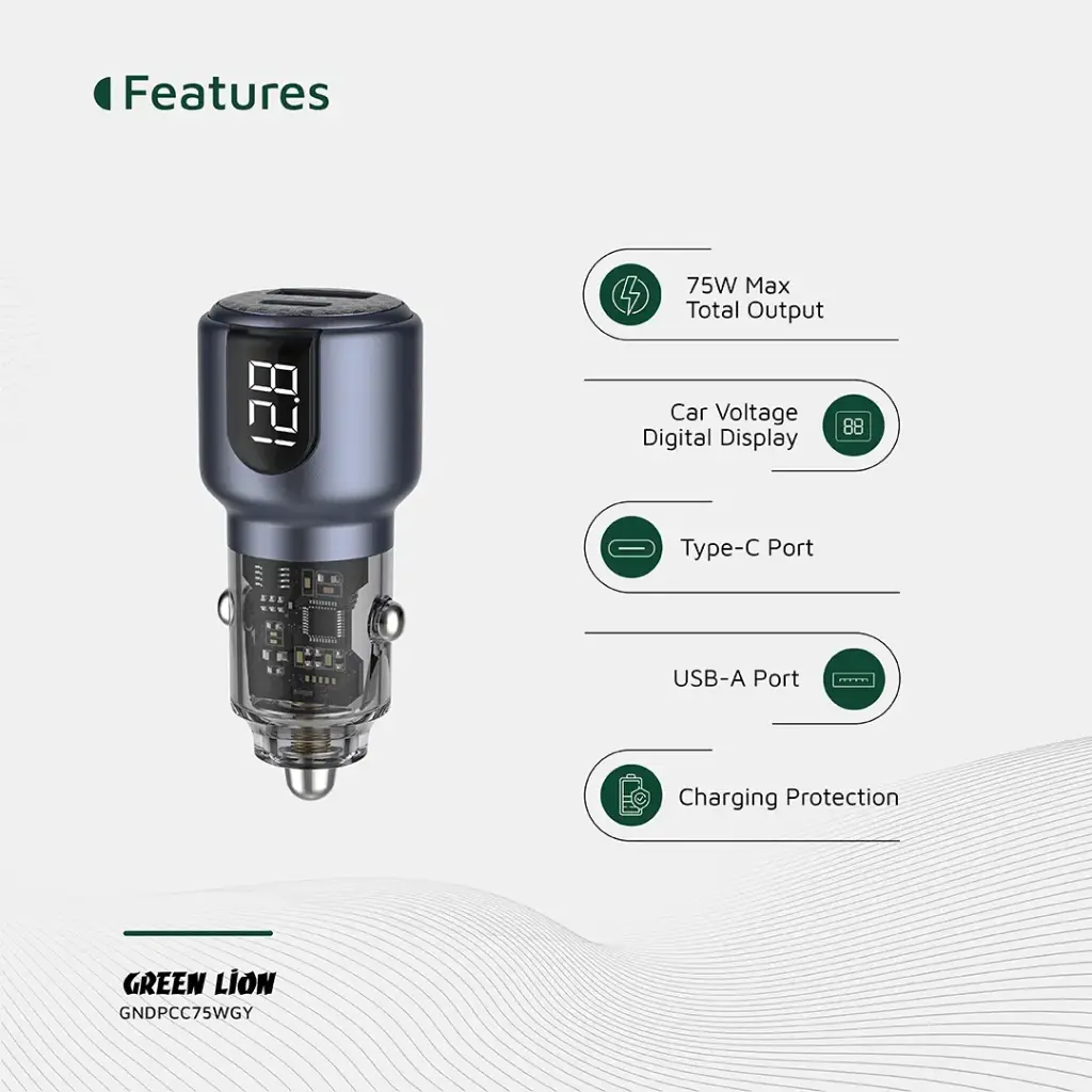 شارژر فندکی گرین لاین دو پورت 75 وات مدل Green Line 75W Dual-Port Car Charger GNDPCC75W — تصویر ۸