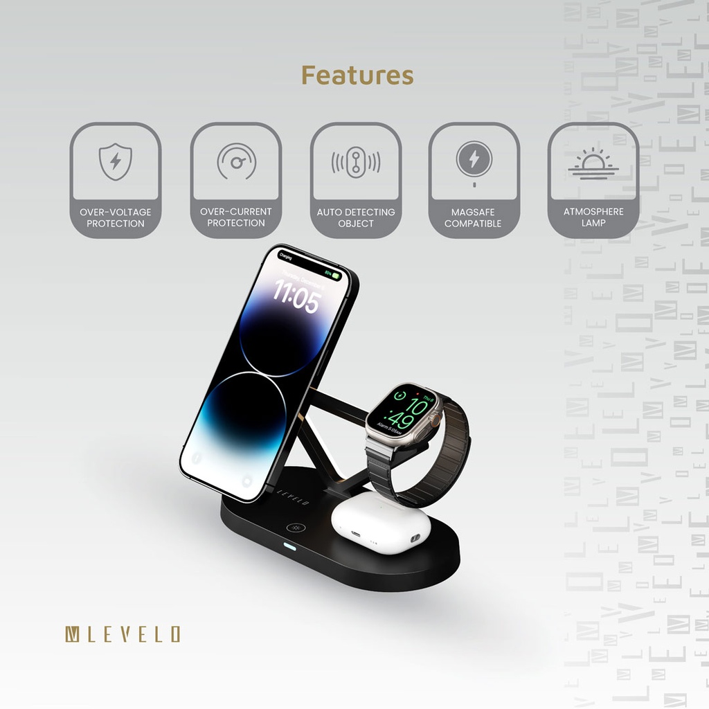 شارژر وایرلس رو میزی 5 کاره لولو LEVELO Premio 5 In 1 Wireless Charging Pad LVL51WCPBK — تصویر ۸