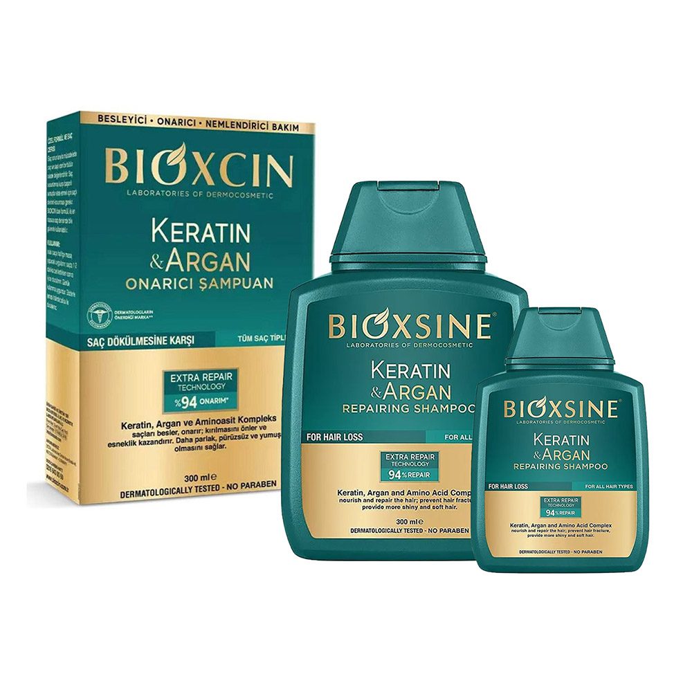 شامپو ترمیم کننده و ضد ریزش مو بیوکسین KUTULU KERTIN & ARGAN مناسب انواع مو 300 + 100 میل — تصویر ۲