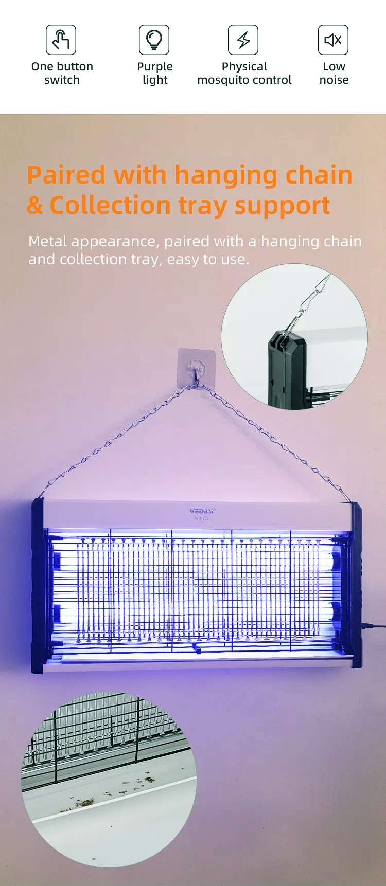 حشره‌کش برقی آویز ویداسی WD-255 | مناسب منازل و محیط‌های بسته با نور UV (۱۰ وات) — تصویر ۸