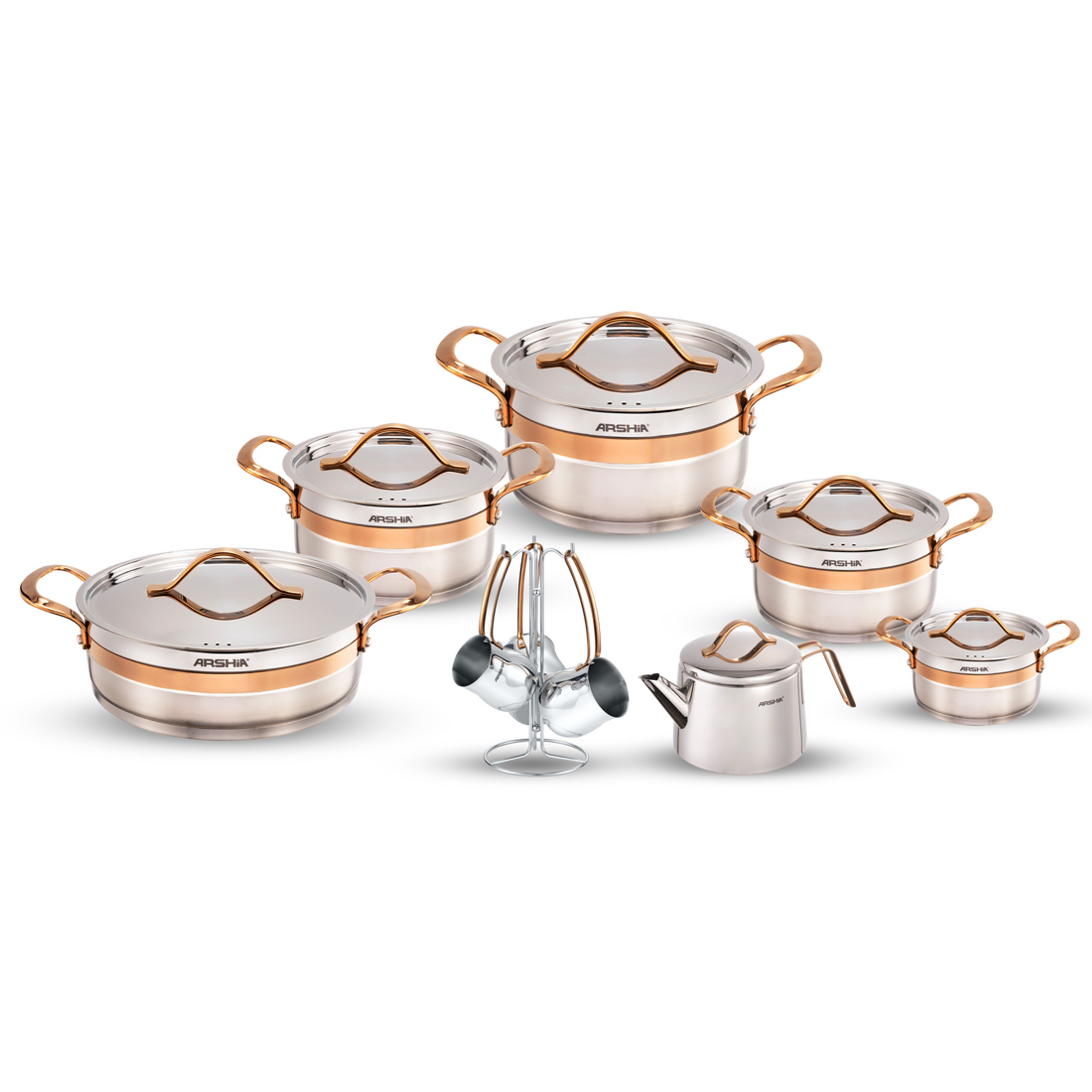سرویس قابلمه ۱۶ تکه عرشیا مدل Arshia Stainless Steel Cookware Set رزگلد — تصویر ۲