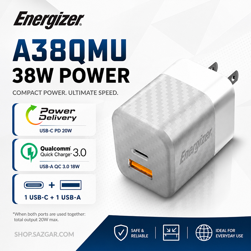 شارژر دیواری 38 وات انرجایزر مدل Energizer A38QMU دو پورت با مبدل‌های US، EU و UK — تصویر ۶